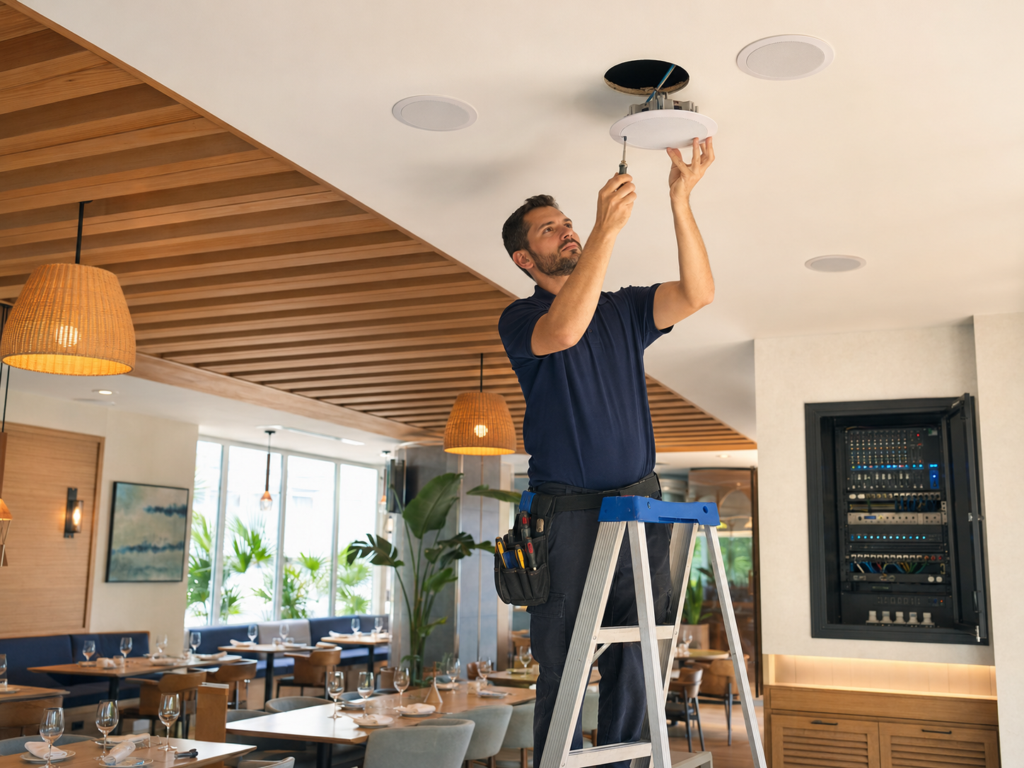 Commercial sound systems installed in a South Florida restaurant