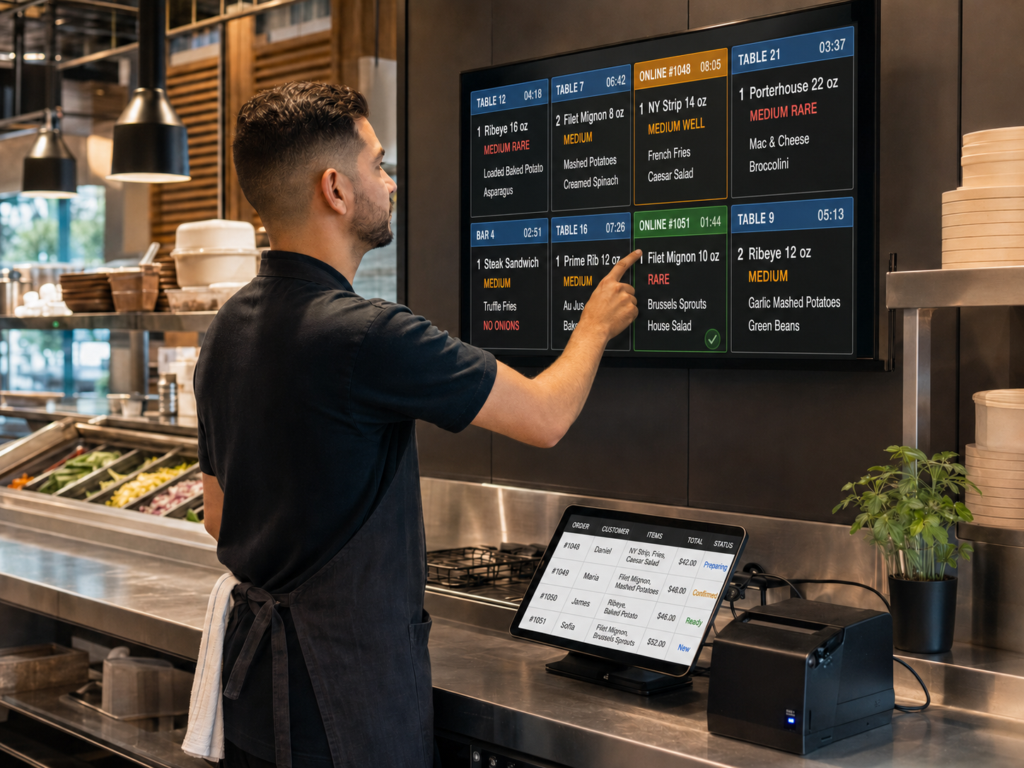 Online ordering and kitchen display systems for restaurants