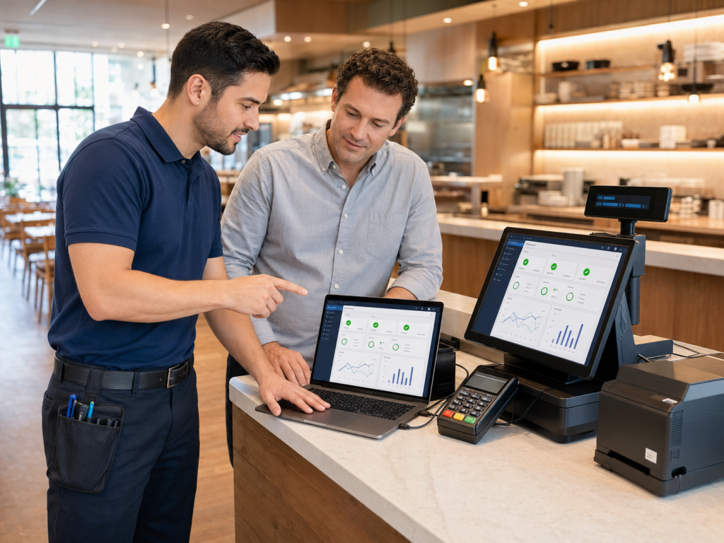 Restaurant technology support technician assisting with POS equipment
