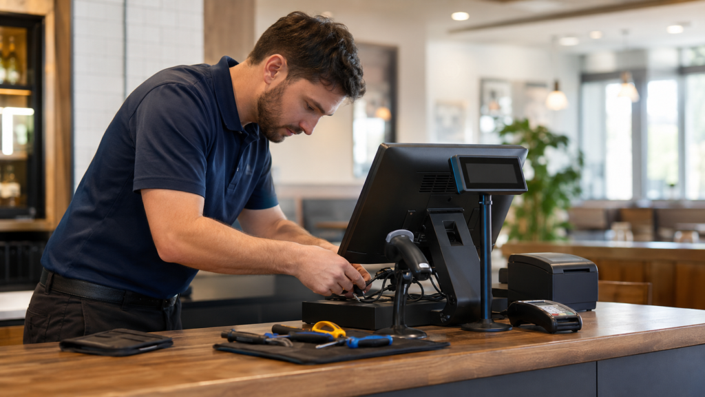 Restaurant IT support technician troubleshooting POS equipment